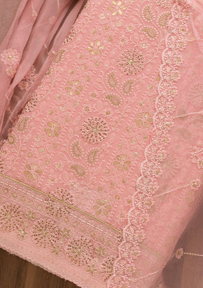 Pink Threadwork Georgette Unstitched Salwar Suit-Koskii