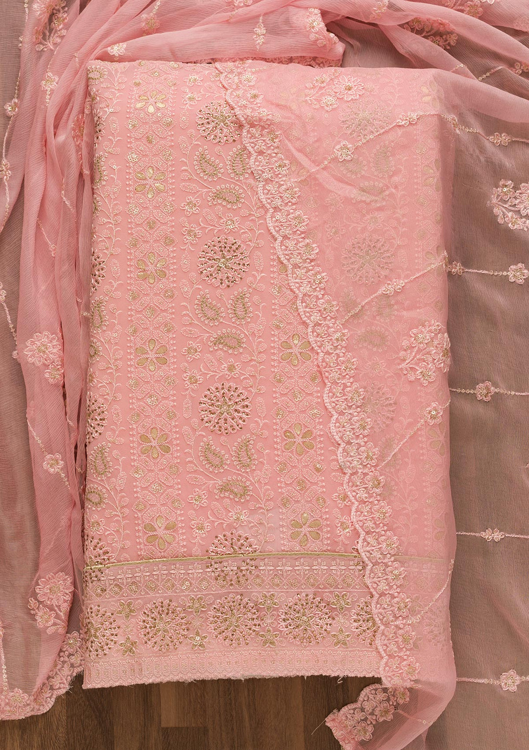 Pink Threadwork Georgette Unstitched Salwar Suit-Koskii