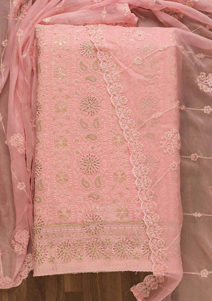 Pink Threadwork Georgette Unstitched Salwar Suit-Koskii