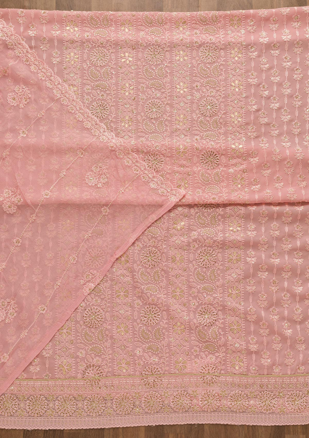 Pink Threadwork Georgette Unstitched Salwar Suit-Koskii