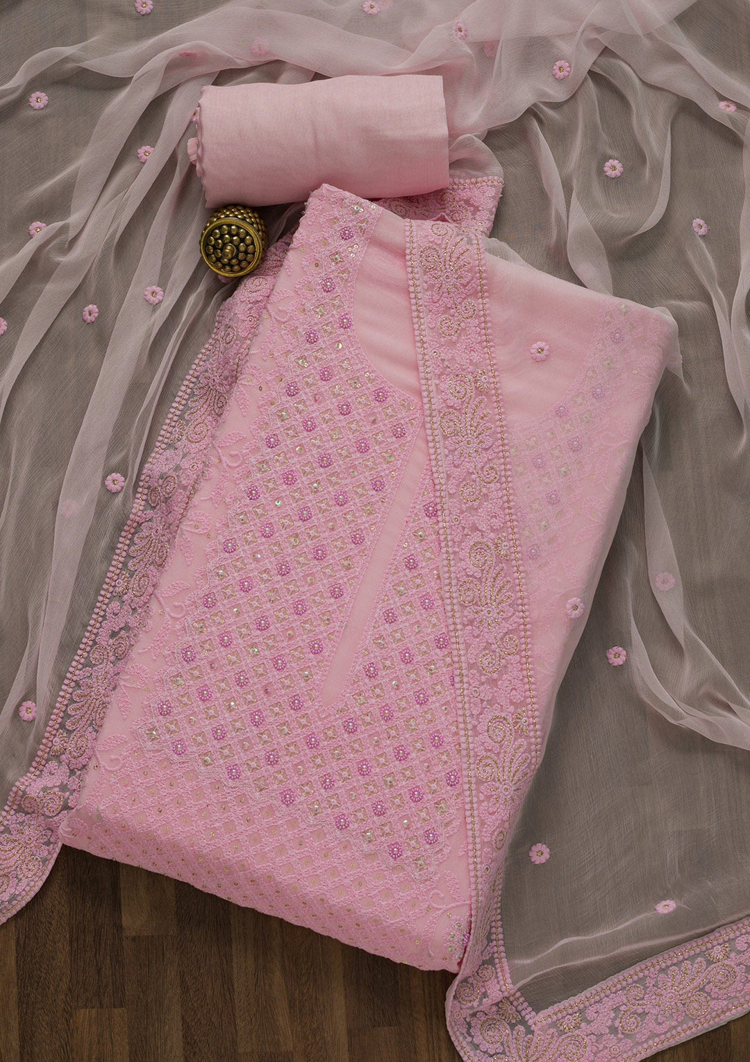 Pink Threadwork Georgette Unstitched Salwar Suit-Koskii