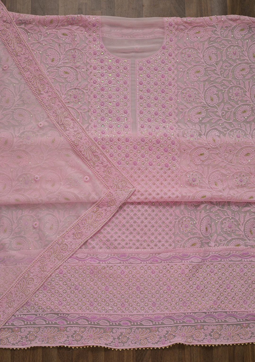 Pink Threadwork Georgette Unstitched Salwar Suit-Koskii
