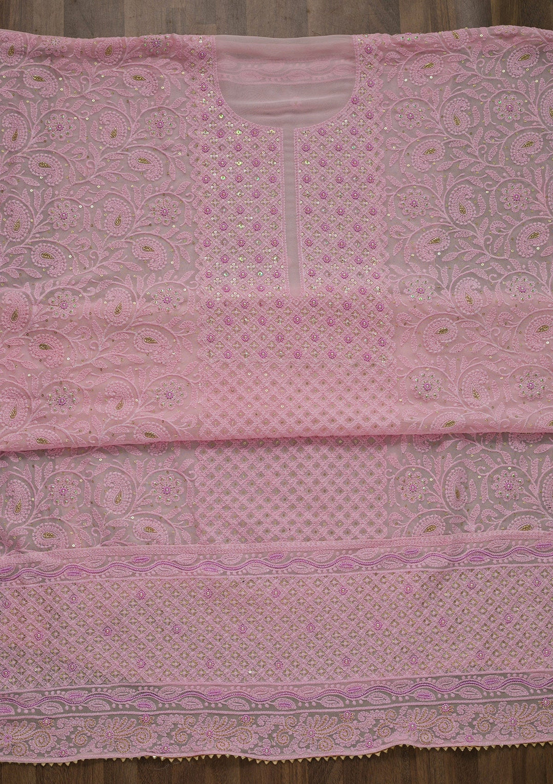Pink Threadwork Georgette Unstitched Salwar Suit-Koskii