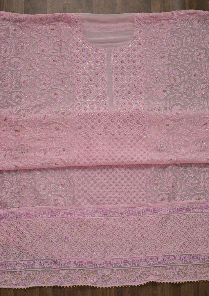 Pink Threadwork Georgette Unstitched Salwar Suit-Koskii
