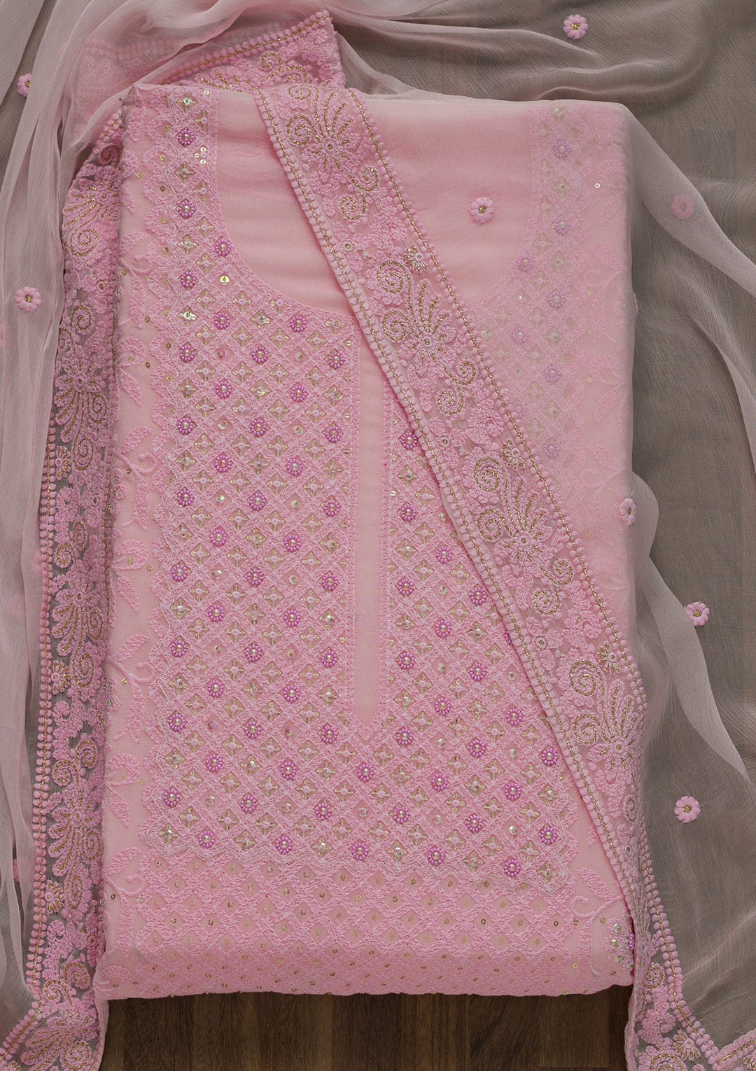 Pink Threadwork Georgette Unstitched Salwar Suit-Koskii