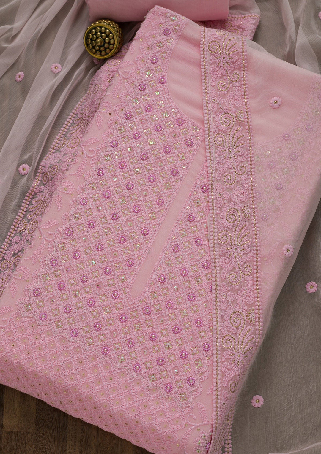 Pink Threadwork Georgette Unstitched Salwar Suit-Koskii
