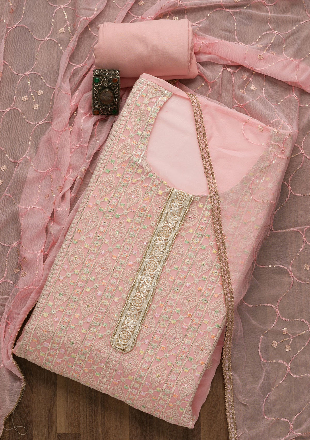 Pink Threadwork Georgette Unstitched Salwar Suit-Koskii