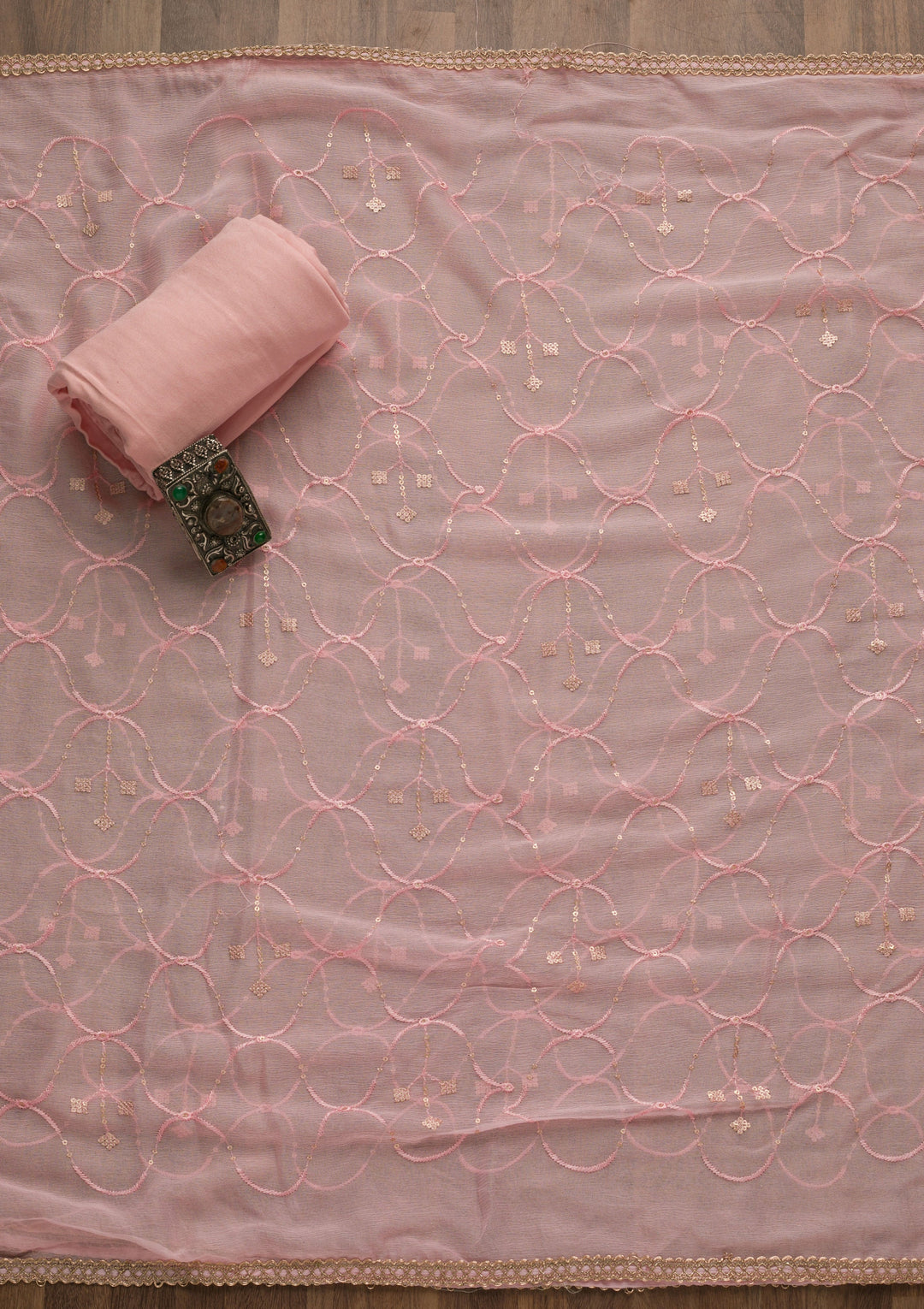 Pink Threadwork Georgette Unstitched Salwar Suit-Koskii