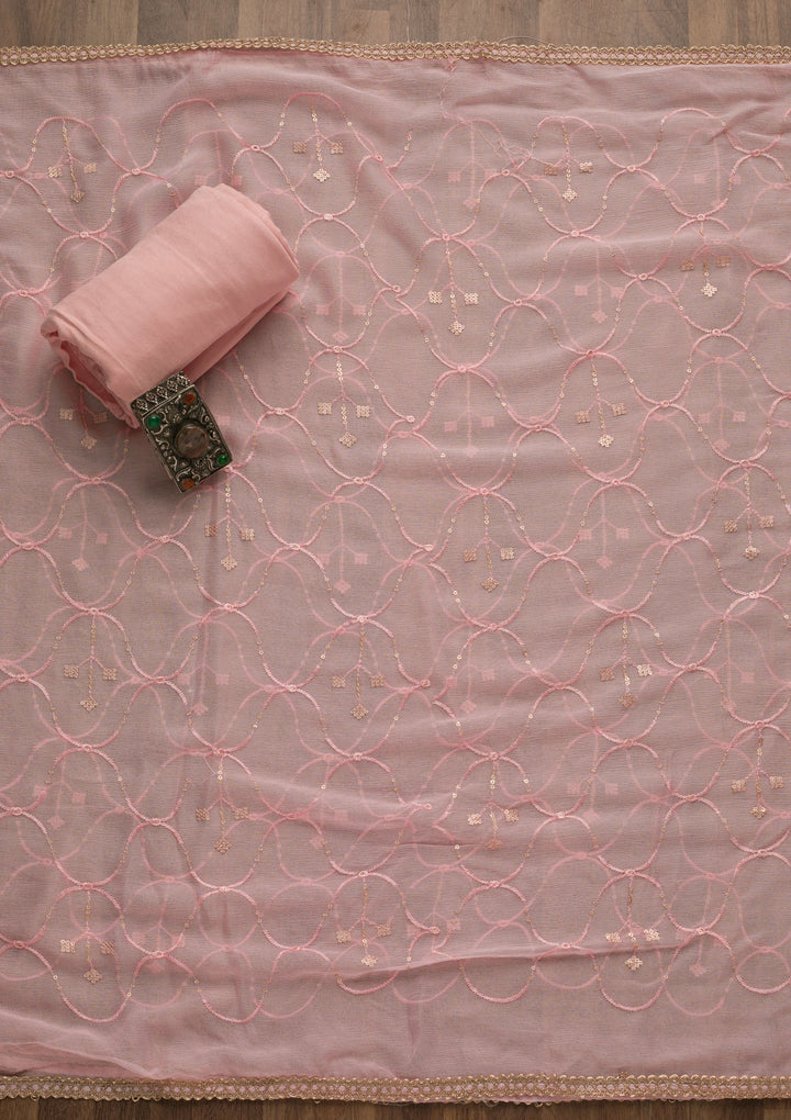 Pink Threadwork Georgette Unstitched Salwar Suit-Koskii