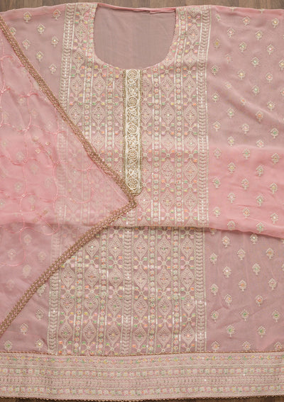 Pink Threadwork Georgette Unstitched Salwar Suit-Koskii