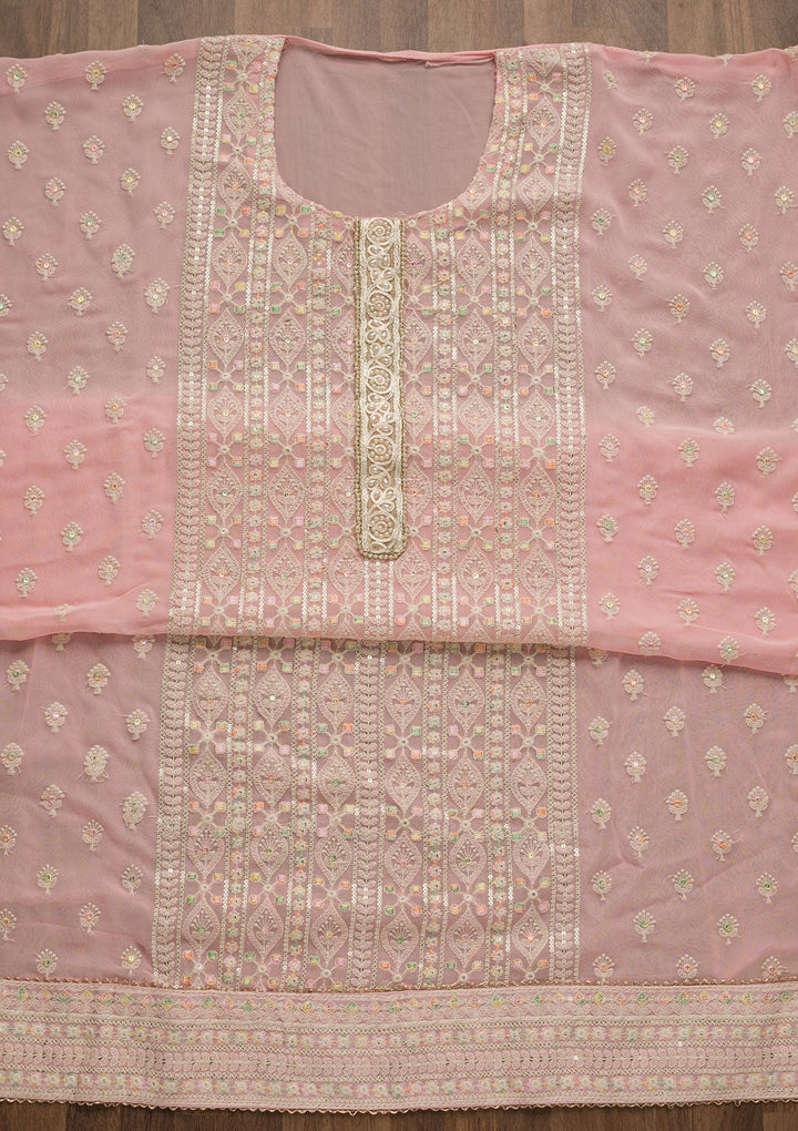 Pink Threadwork Georgette Unstitched Salwar Suit-Koskii