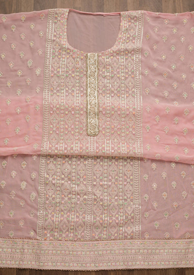 Pink Threadwork Georgette Unstitched Salwar Suit-Koskii