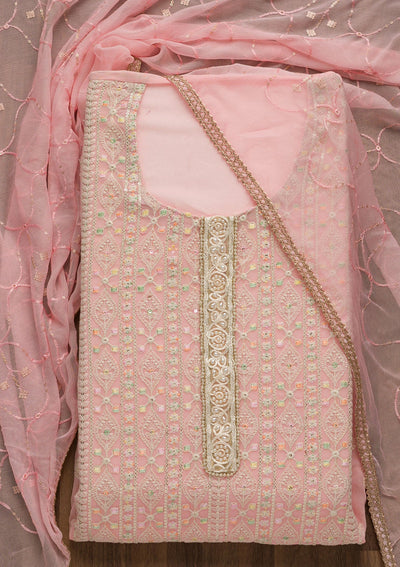 Pink Threadwork Georgette Unstitched Salwar Suit-Koskii