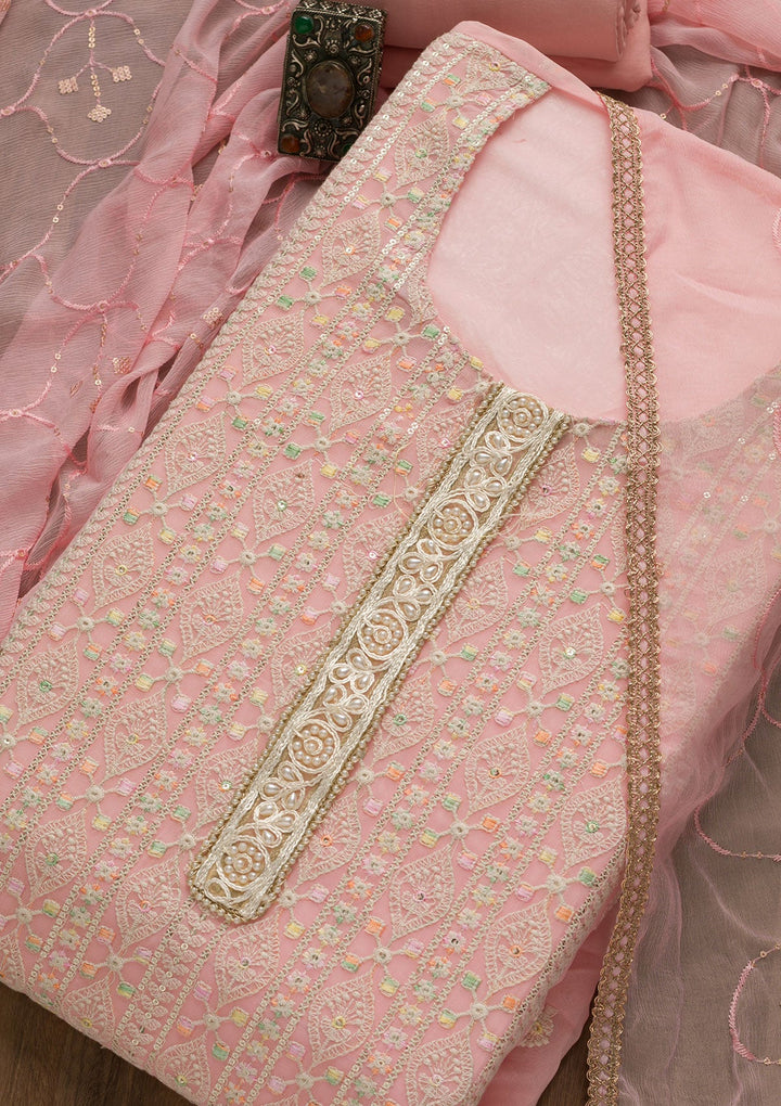 Pink Threadwork Georgette Unstitched Salwar Suit-Koskii