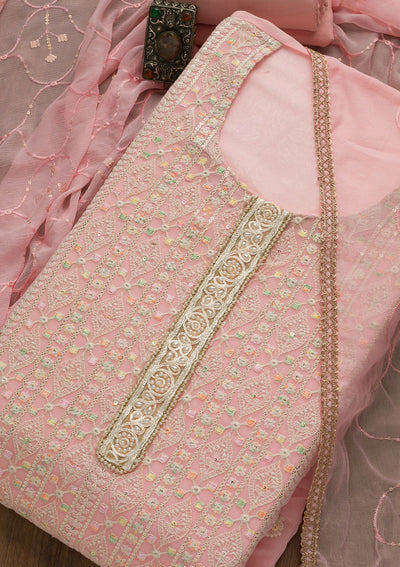 Pink Threadwork Georgette Unstitched Salwar Suit-Koskii