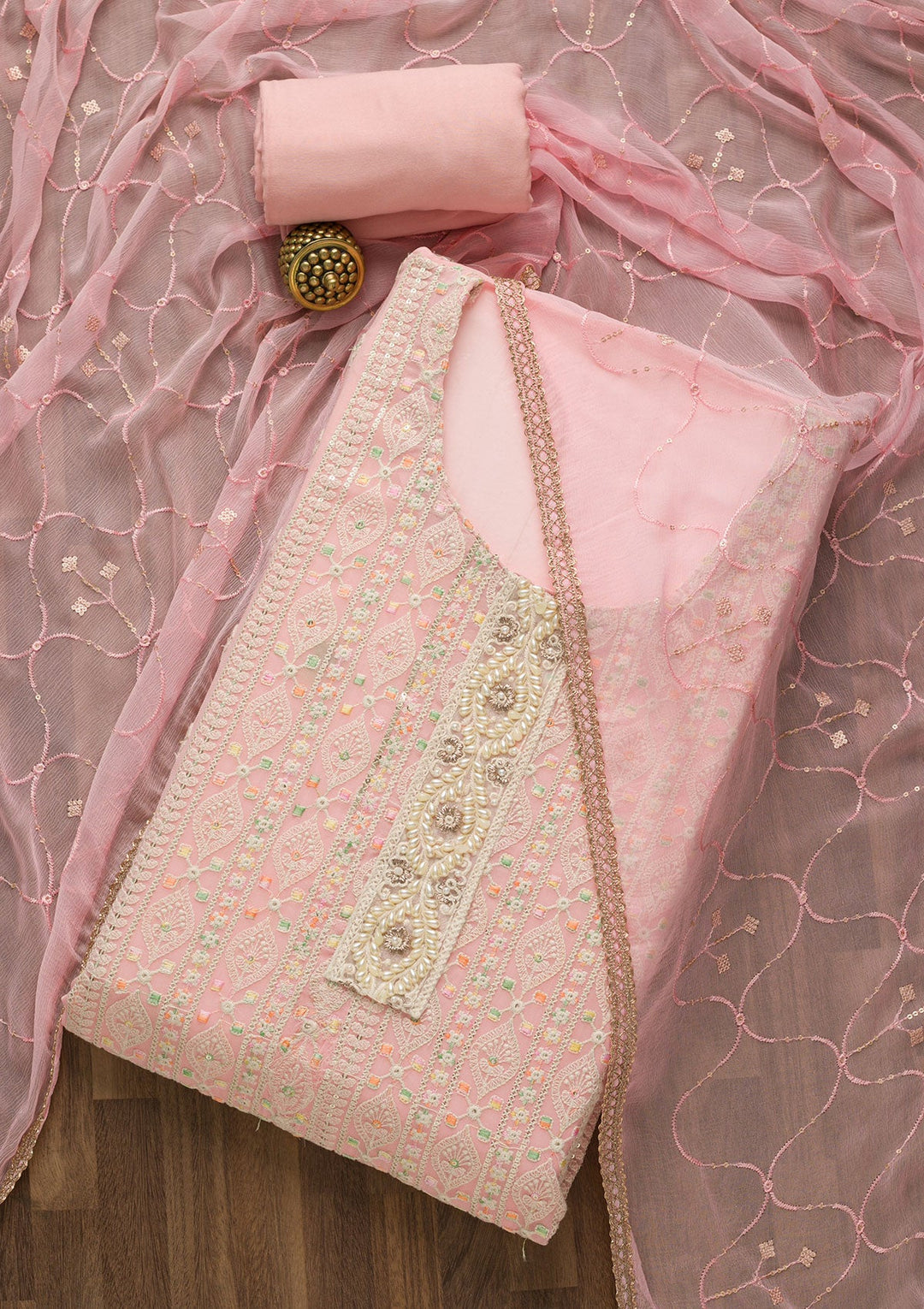 Pink Threadwork Georgette Unstitched Salwar Suit-Koskii