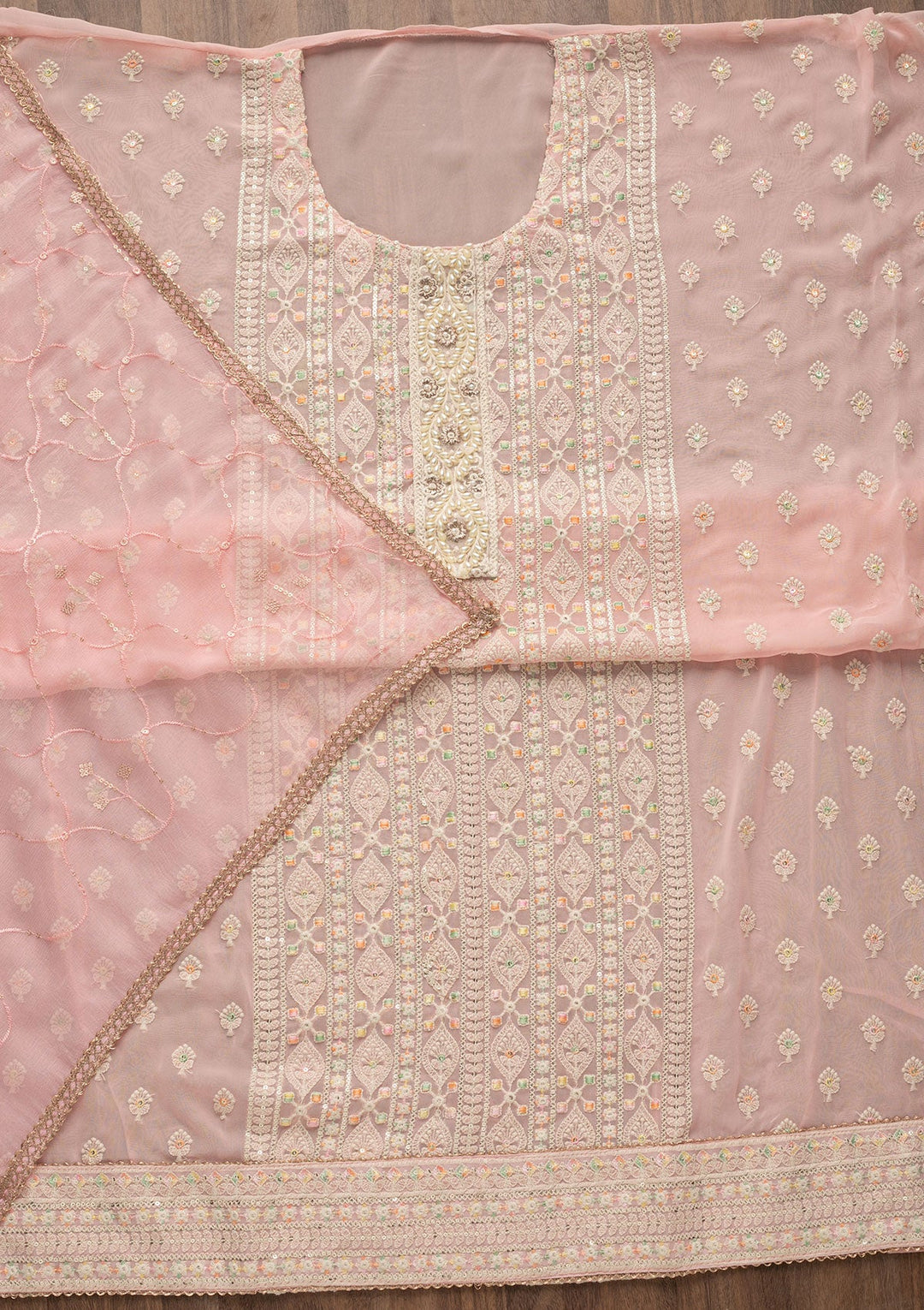 Pink Threadwork Georgette Unstitched Salwar Suit-Koskii