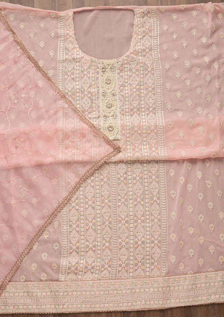 Pink Threadwork Georgette Unstitched Salwar Suit-Koskii