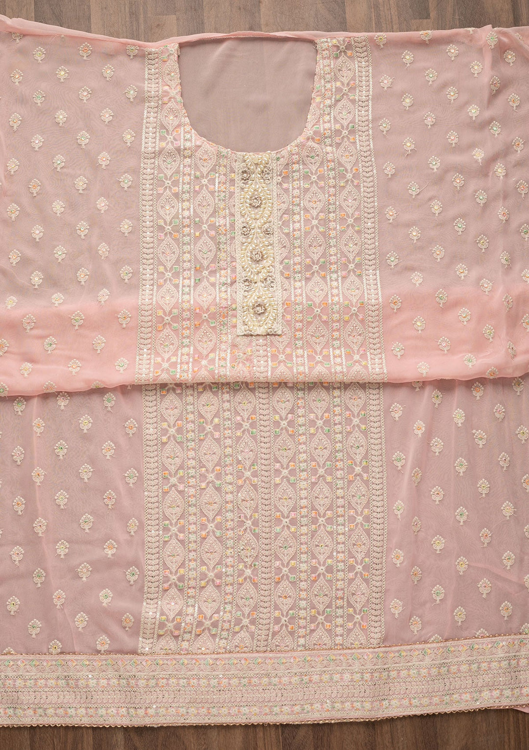 Pink Threadwork Georgette Unstitched Salwar Suit-Koskii