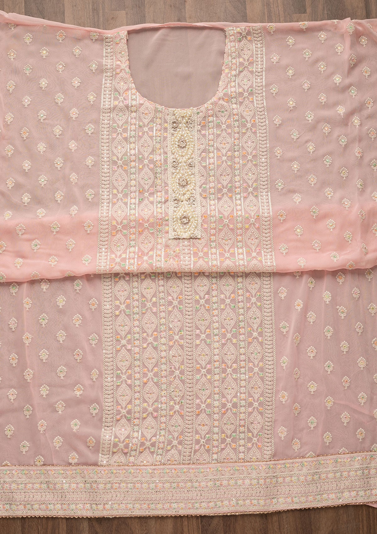 Pink Threadwork Georgette Unstitched Salwar Suit-Koskii