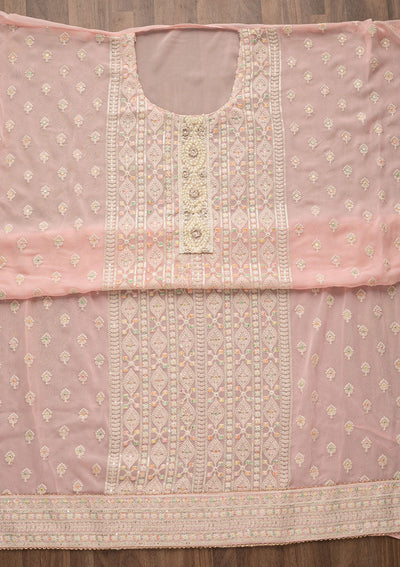 Pink Threadwork Georgette Unstitched Salwar Suit-Koskii
