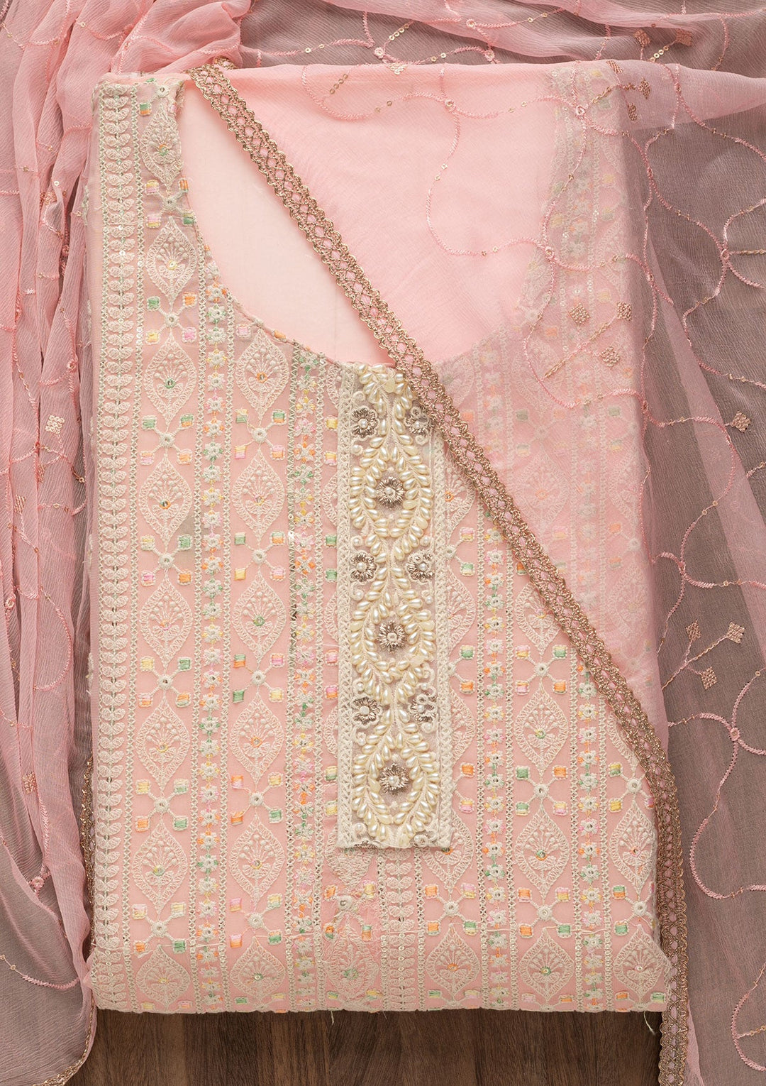 Pink Threadwork Georgette Unstitched Salwar Suit-Koskii