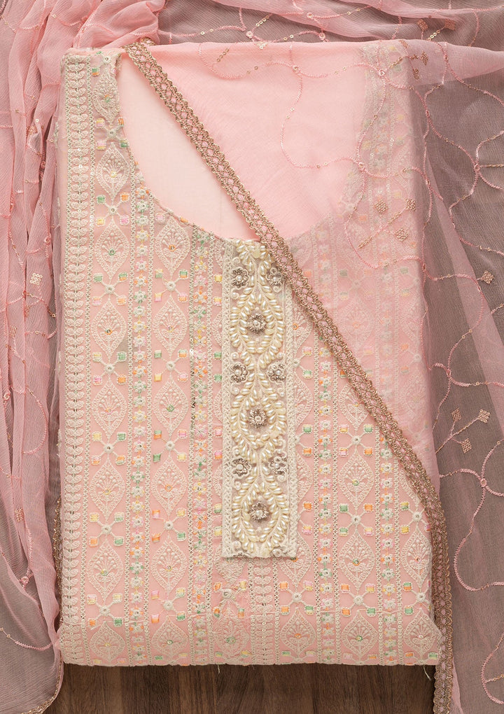 Pink Threadwork Georgette Unstitched Salwar Suit-Koskii