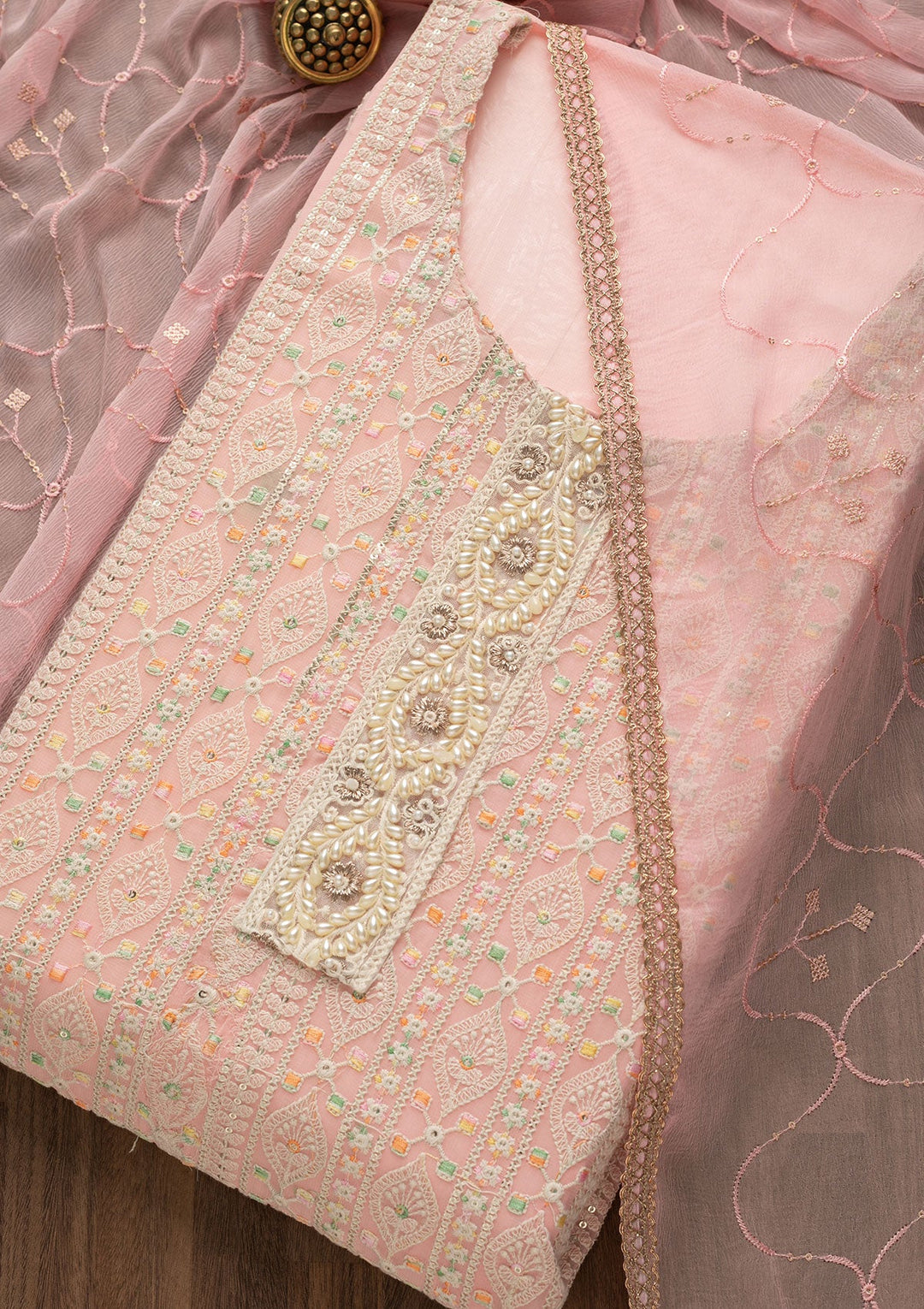 Pink Threadwork Georgette Unstitched Salwar Suit-Koskii
