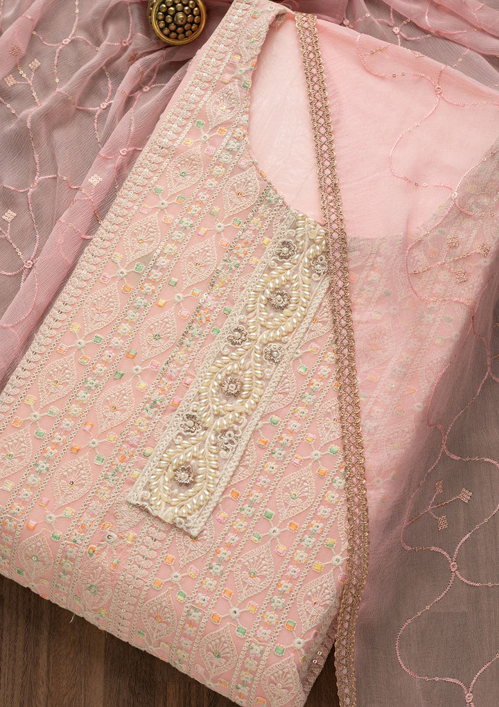 Pink Threadwork Georgette Unstitched Salwar Suit-Koskii