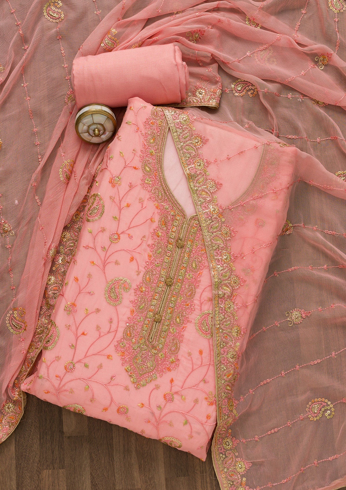 Pink Threadwork Georgette Unstitched Salwar Suit-Koskii