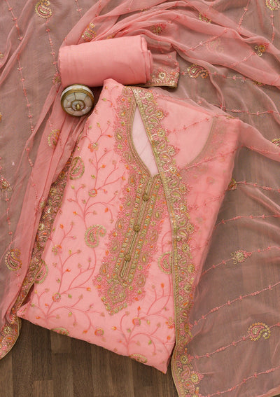 Pink Threadwork Georgette Unstitched Salwar Suit-Koskii