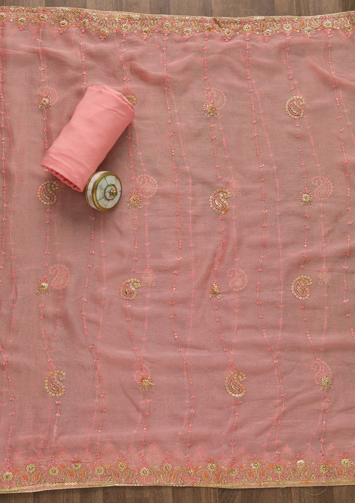 Pink Threadwork Georgette Unstitched Salwar Suit-Koskii