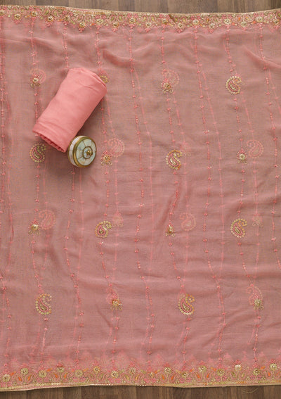 Pink Threadwork Georgette Unstitched Salwar Suit-Koskii