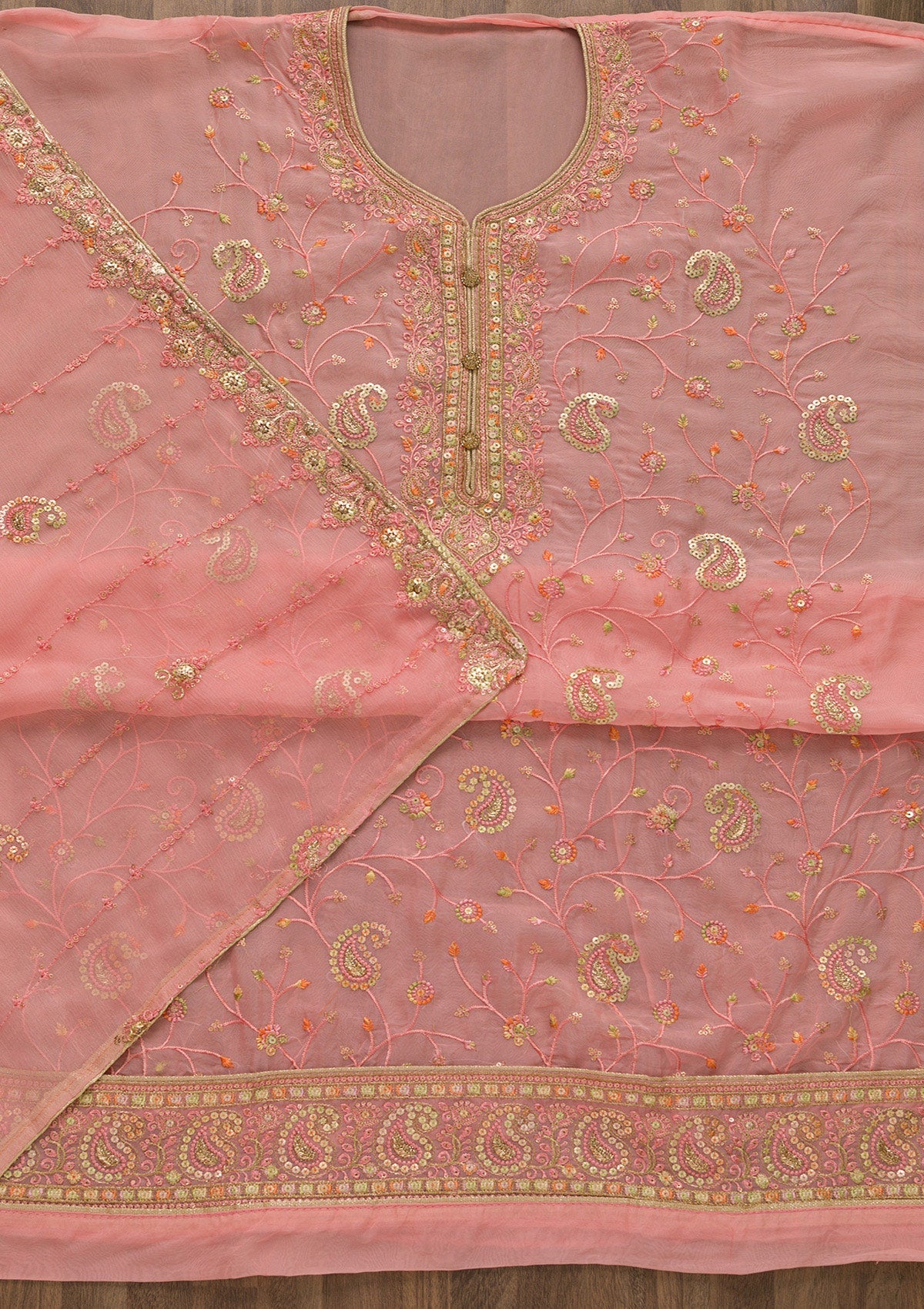 Pink Threadwork Georgette Unstitched Salwar Suit-Koskii