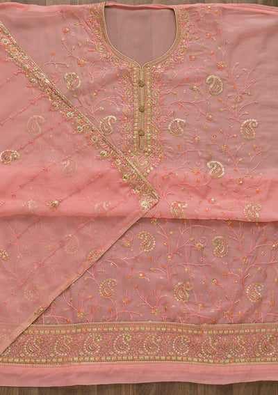 Pink Threadwork Georgette Unstitched Salwar Suit-Koskii