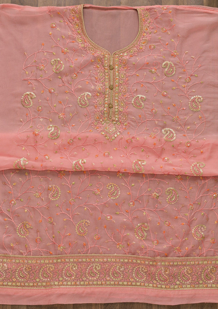 Pink Threadwork Georgette Unstitched Salwar Suit-Koskii