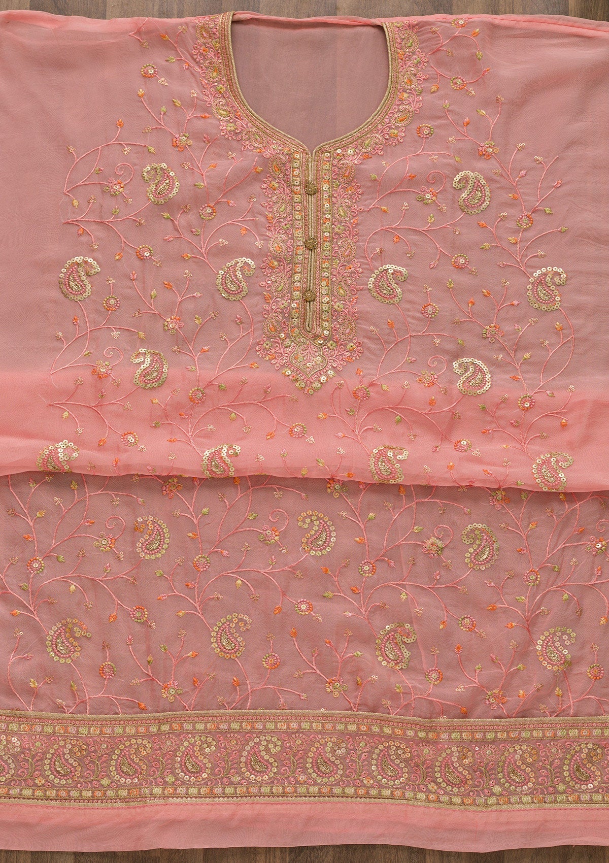 Pink Threadwork Georgette Unstitched Salwar Suit-Koskii