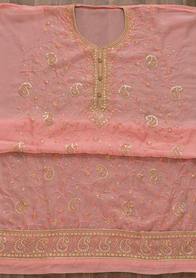 Pink Threadwork Georgette Unstitched Salwar Suit-Koskii
