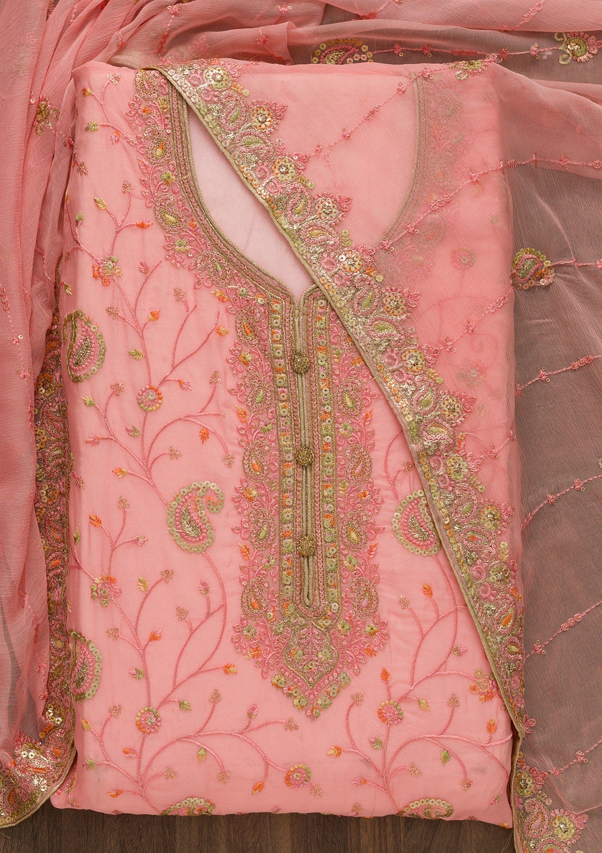 Pink Threadwork Georgette Unstitched Salwar Suit-Koskii