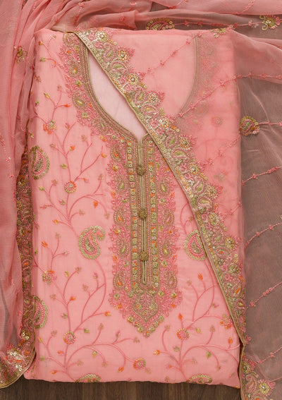 Pink Threadwork Georgette Unstitched Salwar Suit-Koskii