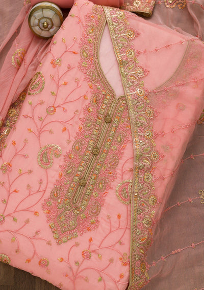Pink Threadwork Georgette Unstitched Salwar Suit-Koskii