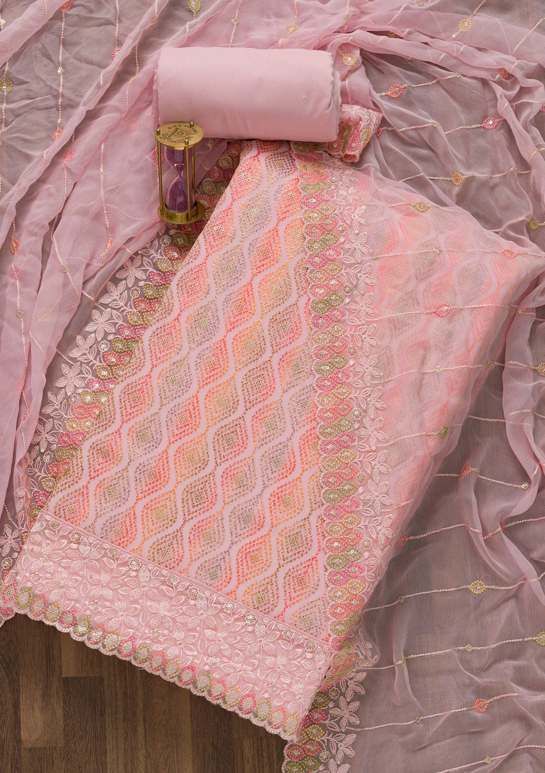 Pink Threadwork Georgette Unstitched Salwar Suit-Koskii