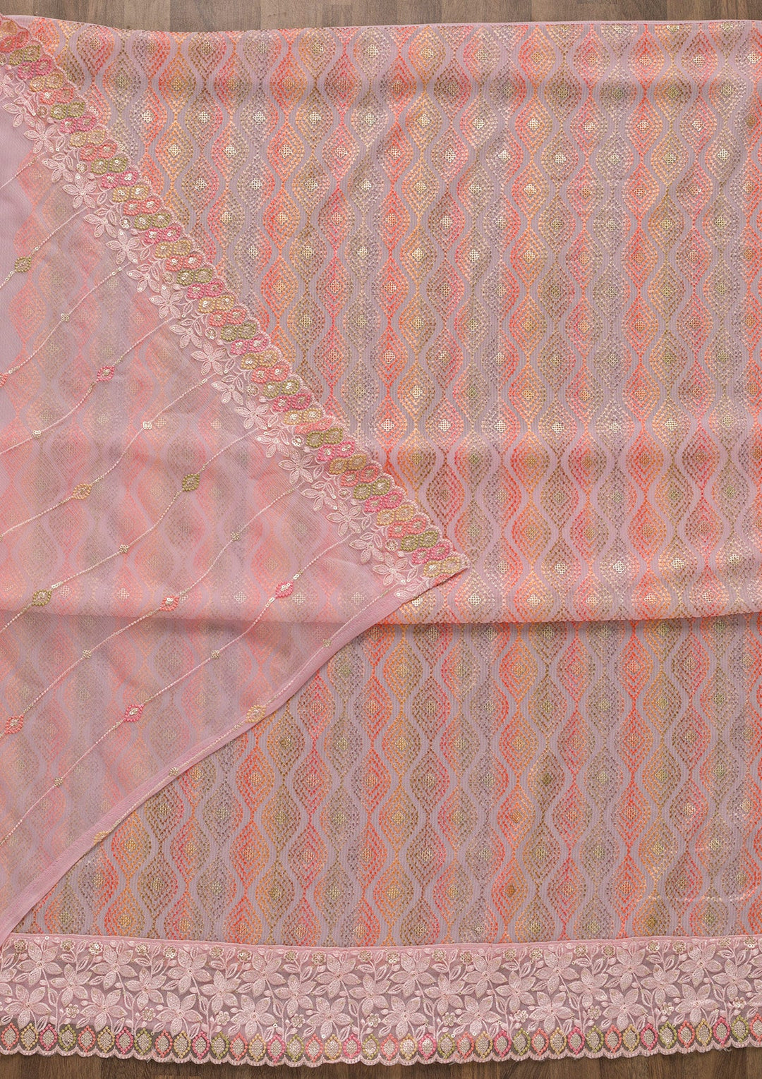 Pink Threadwork Georgette Unstitched Salwar Suit-Koskii