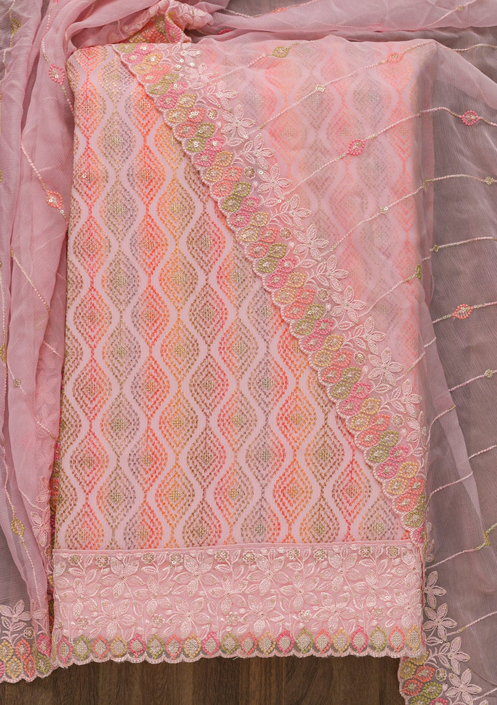 Pink Threadwork Georgette Unstitched Salwar Suit-Koskii