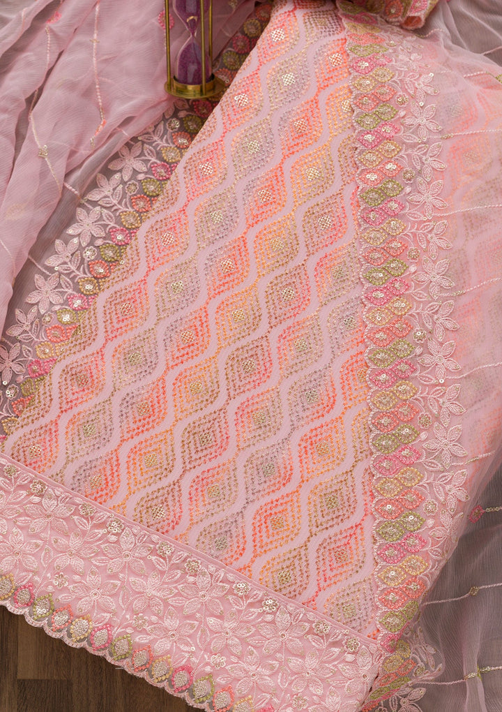 Pink Threadwork Georgette Unstitched Salwar Suit-Koskii