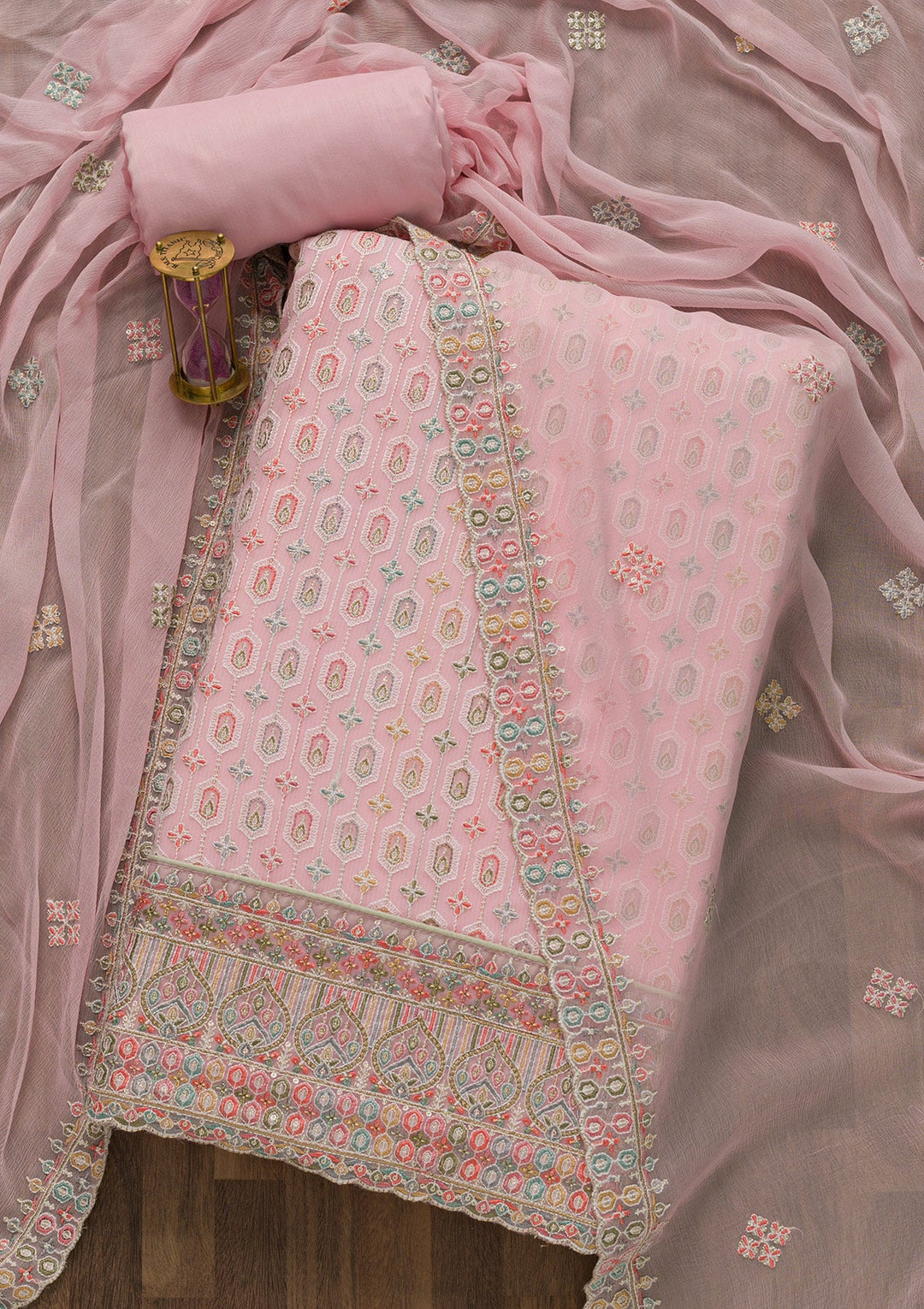 Pink Threadwork Georgette Unstitched Salwar Suit-Koskii