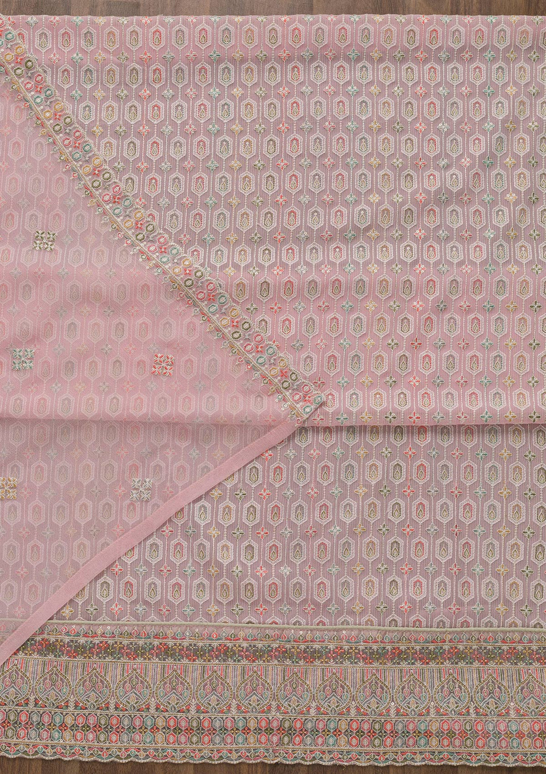 Pink Threadwork Georgette Unstitched Salwar Suit-Koskii