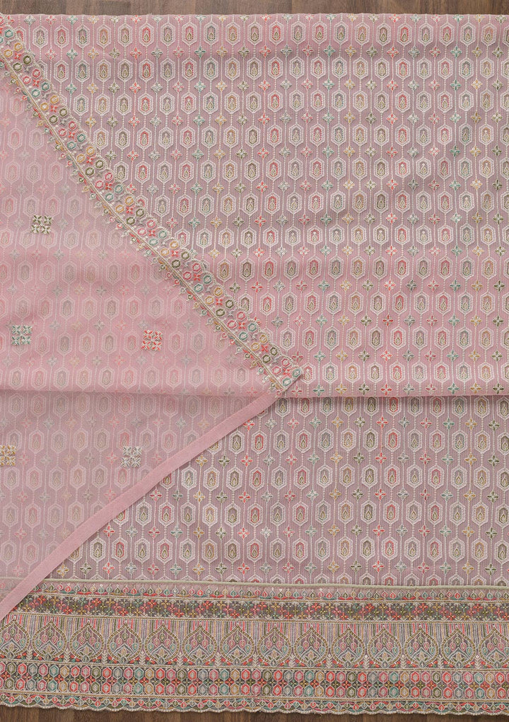 Pink Threadwork Georgette Unstitched Salwar Suit-Koskii