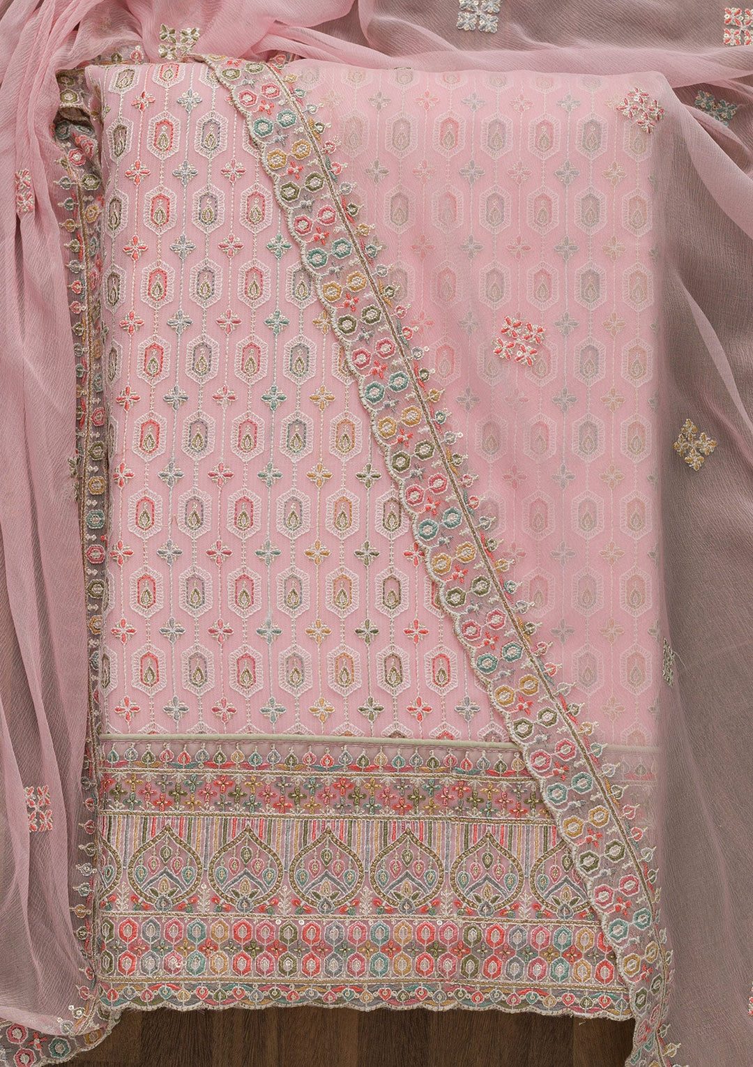 Pink Threadwork Georgette Unstitched Salwar Suit-Koskii