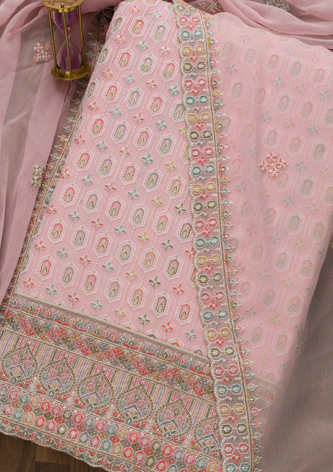 Pink Threadwork Georgette Unstitched Salwar Suit-Koskii